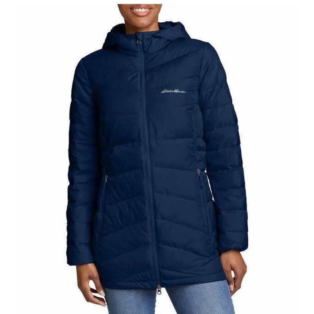 Eddie Bauer Women EB650 Down Lightweight Chevron Puff Jacket Packable S Blue NWT